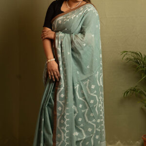 Handwoven Seafoam & Ivory Cotton Jamdani Saree