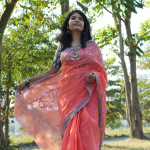 Hand-Painted Coral Peach Muslin Saree