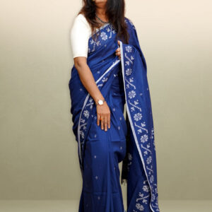 Handwoven Indigo & Silver Cotton Jamdani Saree