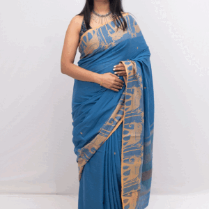 Handwoven Blue & Gold Dhonekhali Saree