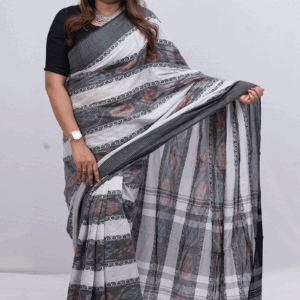 Handwoven White & Black Dhonekhali Saree