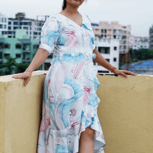 Radiant Ethereal Grace: Watercolor-Inspired Ruffled Wrap Dress