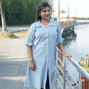 Hand-Block Printed Sky Blue Cotton Ruffle Kurti
