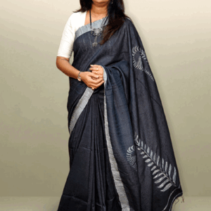 Handwoven Charcoal & Silver Matka Tussar Silk Saree