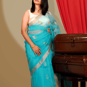 Handwoven Sky Blue & Silver Kota Doria Saree