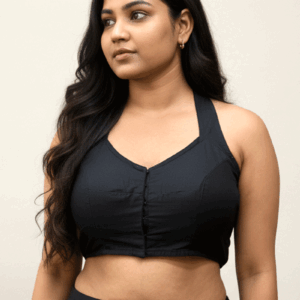 Midnight Noir: Solid Black Banglori Silk Halter Blouse