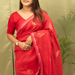 Radiate Timeless Elegance in this Handwoven Crimson & Gold Cotton Linen Saree