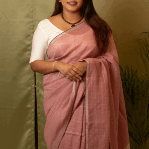 Captivate with Sophisticated Grace in this Charvi Handwoven Old Rose Cotton Linen Check Saree