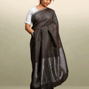 Captivate with Charcoal Mystic in this Handwoven Charcoal & Silver Cotton Linen Saree (Copy)