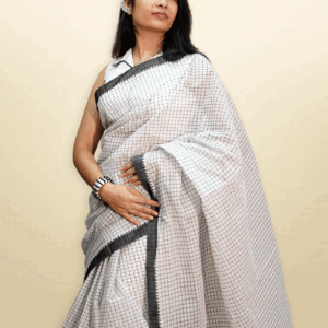 Ivory Grid Handwoven Dhaniakhali Cotton Saree