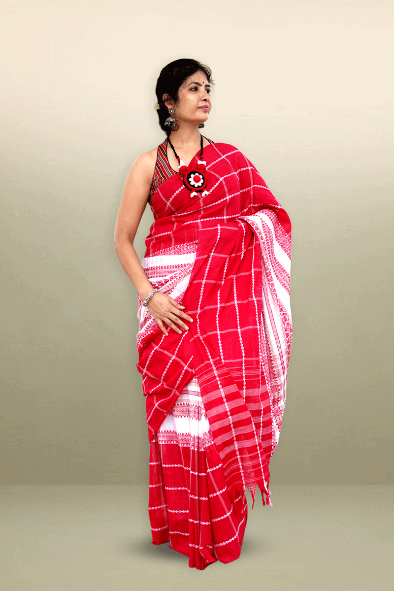 Crimson Lal-Par Dhaniakhali Cotton Saree