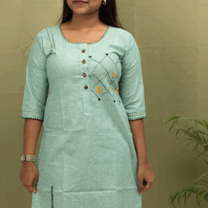 Mint Harmony: Handcrafted Geometric Slub Cotton Kurti