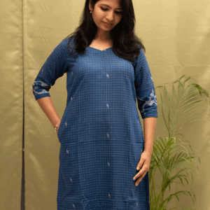 Indigo Grid: Handloom Cotton Jamdani Kurti
