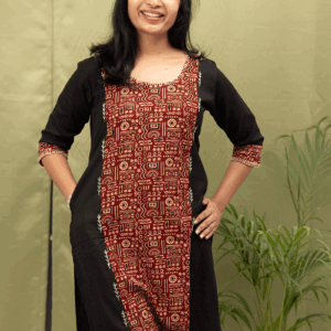 Midnight Ember: Ajrakh Panel Kurti With Hand Embroidered