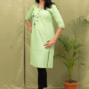 Pistachio Lattice: Handcrafted Geometric Slub Cotton Kurti